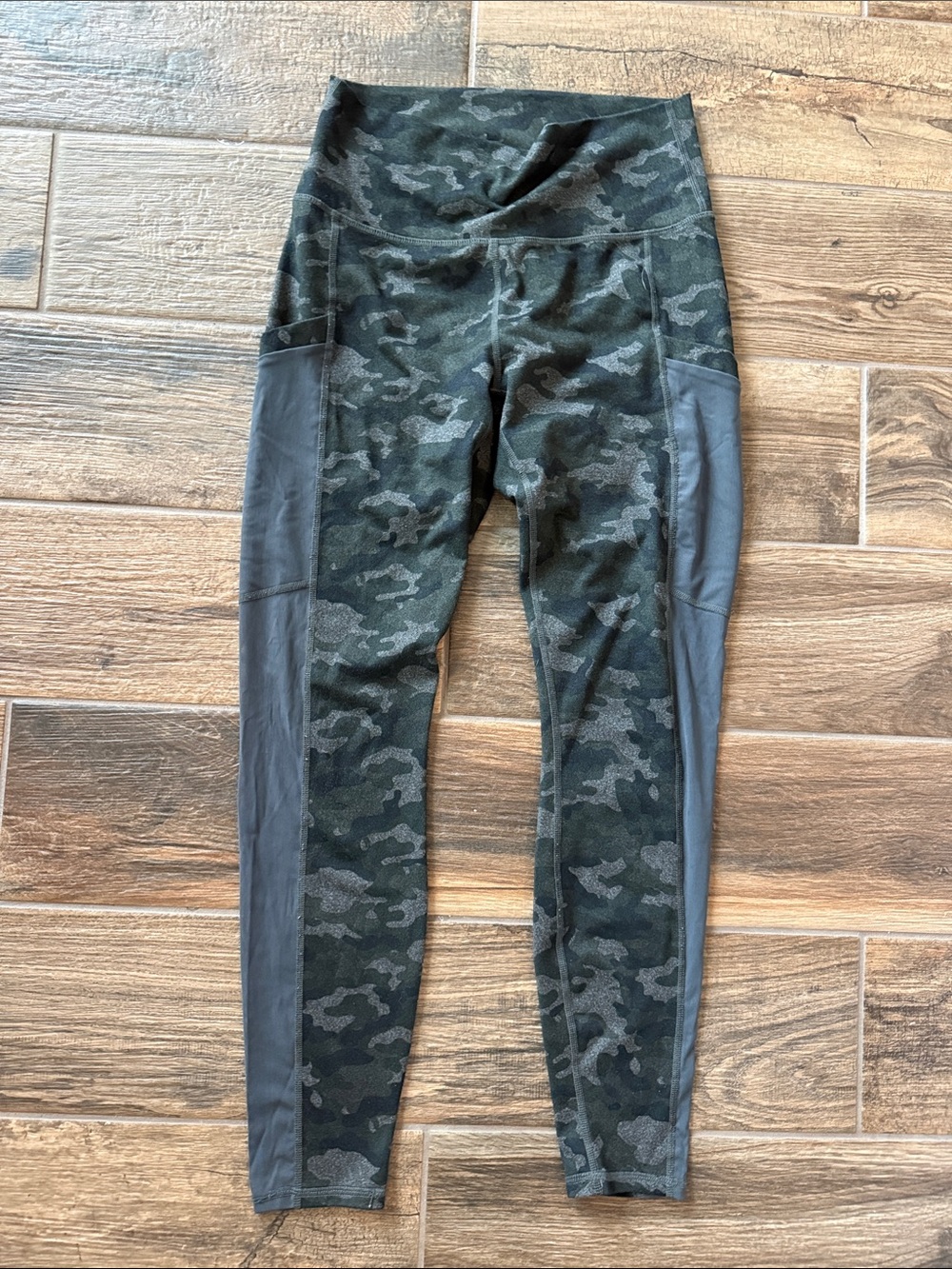 Fabletics Women’s Black & Gray Camo High-Waist Leggings with Side Panels